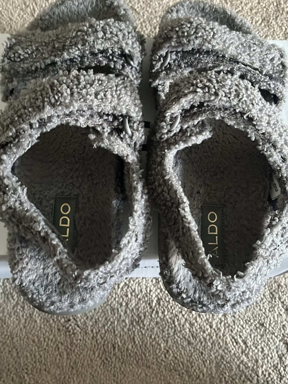 Aldo Gray Plush Double-Strap Slide Slippers